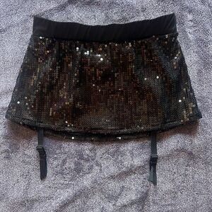 Frederick's of Hollywood Black Sequin Mini Skirt with Garter